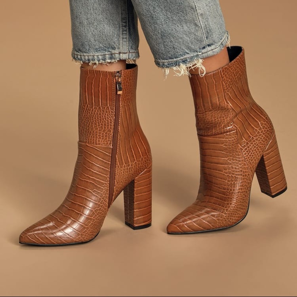 Dawson tan crocodile pointed toe mid calf boots